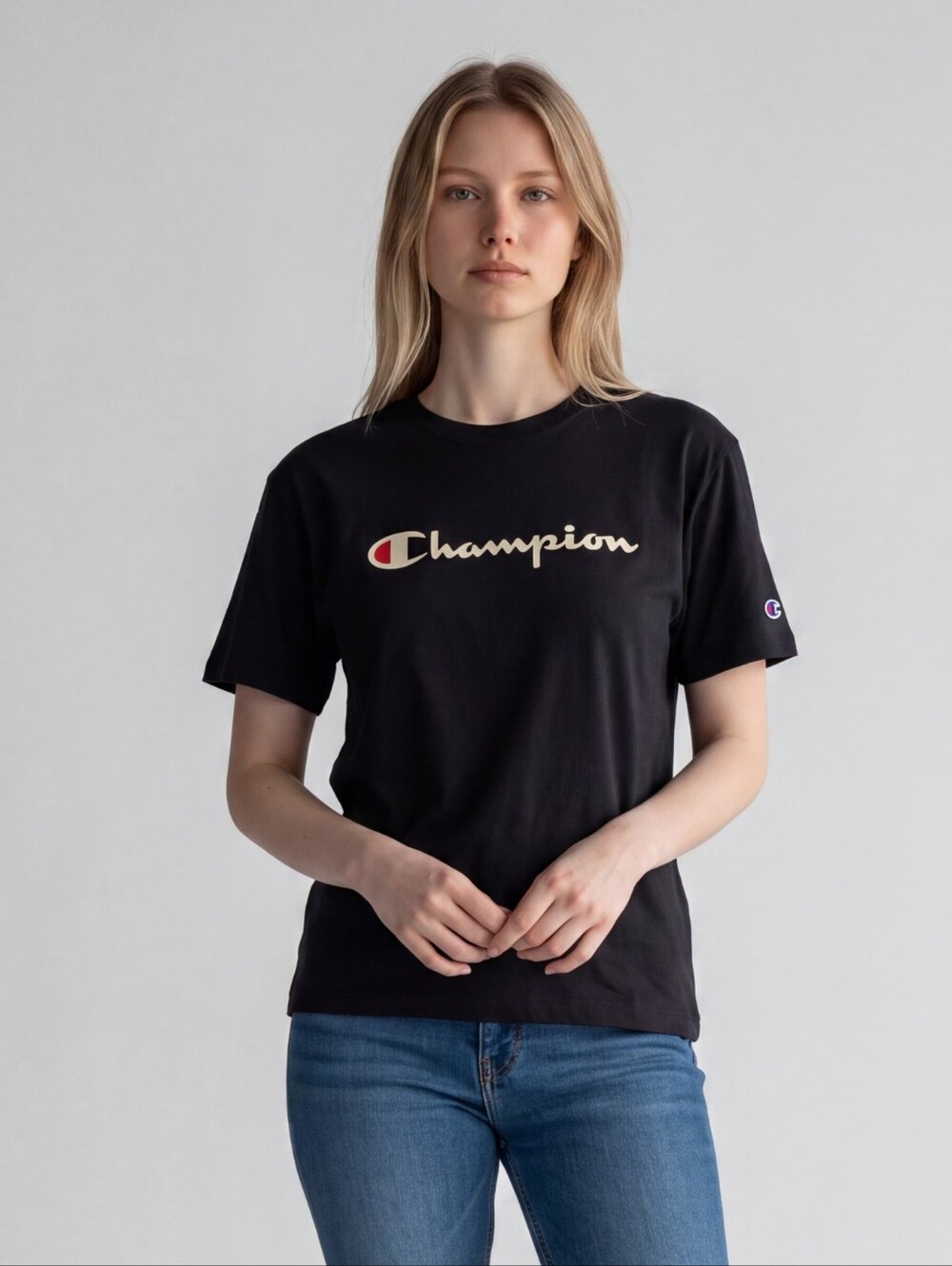 Vintage Champion Women's Black Logo Tee